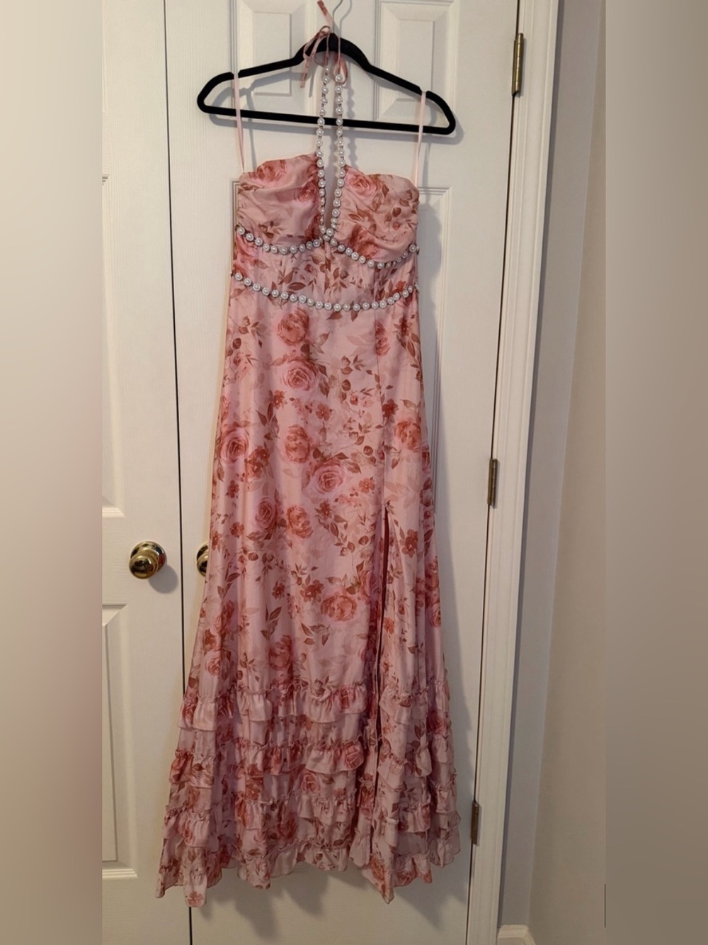 Altar'd State Anastasia Pink Floral Halter Maxi with Pearl Crystal Trim